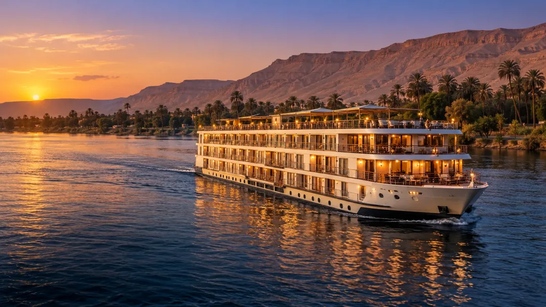 Nile cruise sailing at sunset